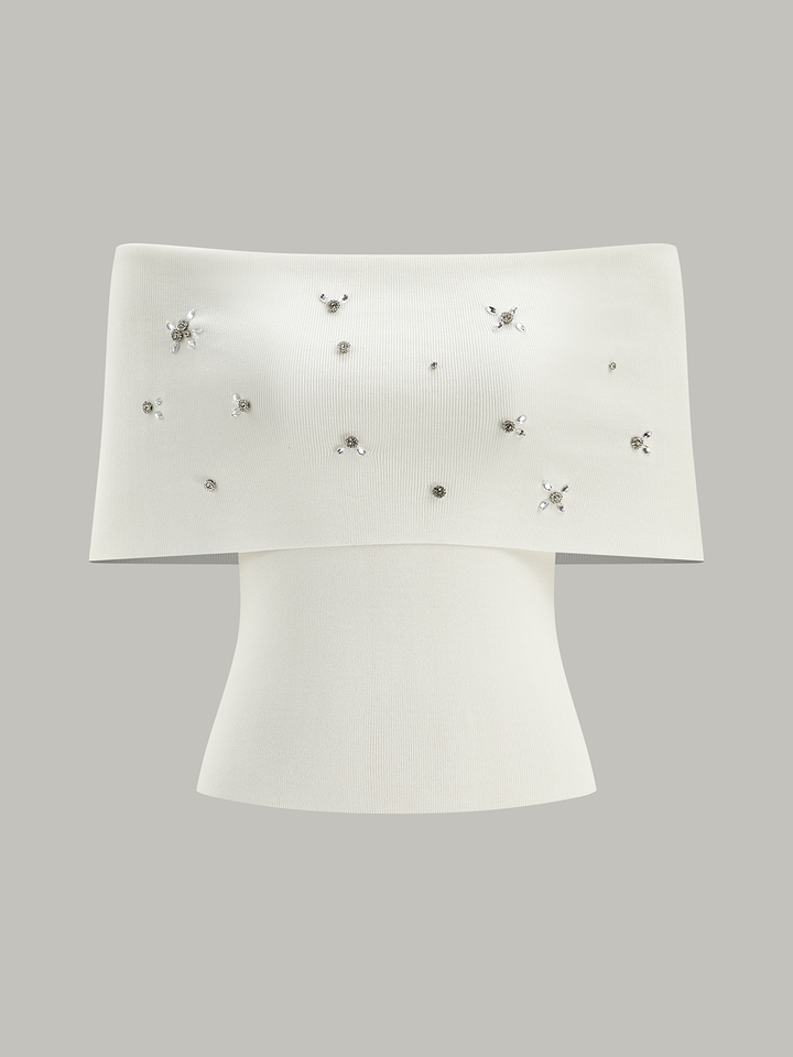 Off-Shoulder Knit Top with Crystal Embellishments