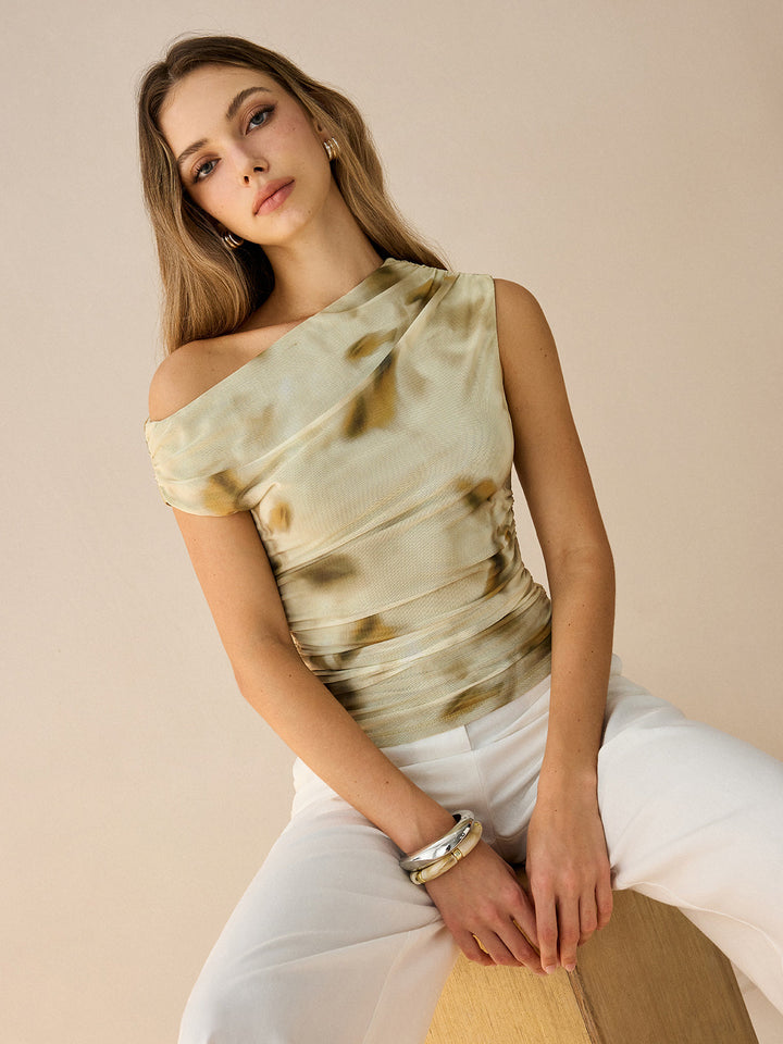 One-Shoulder Ruched Print Top