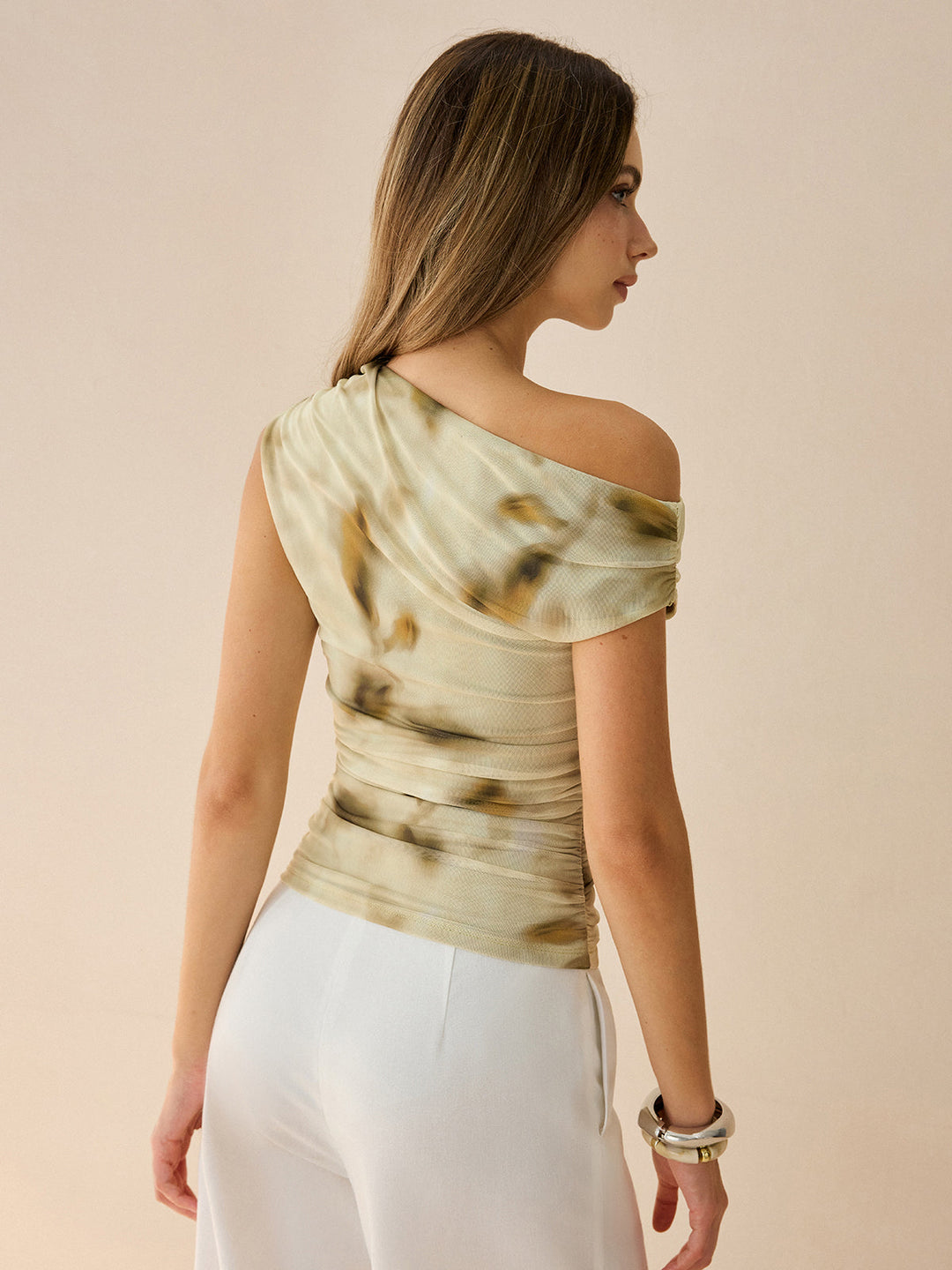 One-Shoulder Ruched Print Top