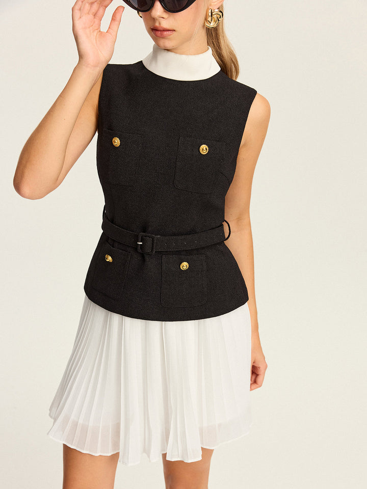 Sleeveless Belted Vest and Pleated Skirt Set