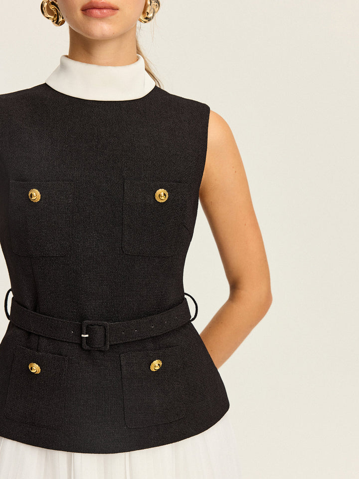 Sleeveless Belted Vest and Pleated Skirt Set