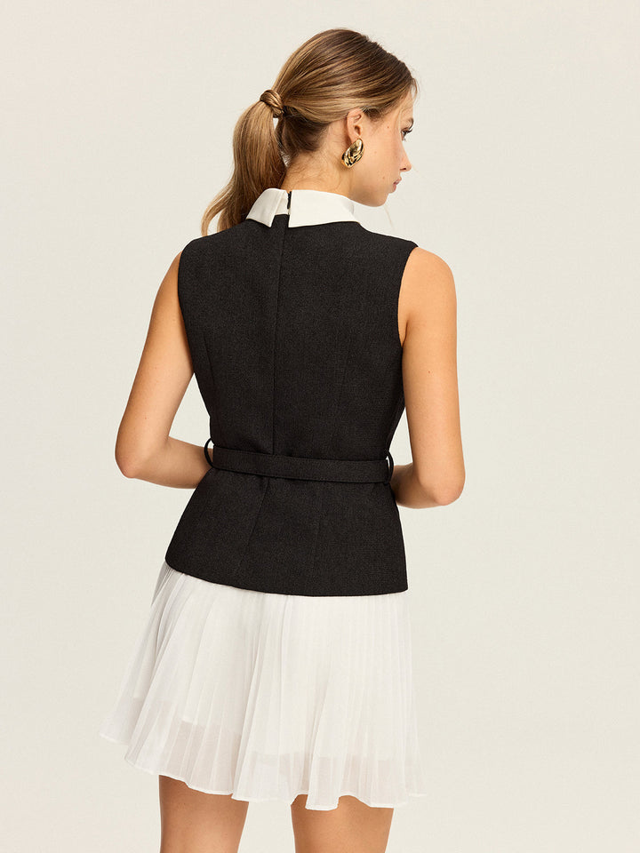 Sleeveless Belted Vest and Pleated Skirt Set