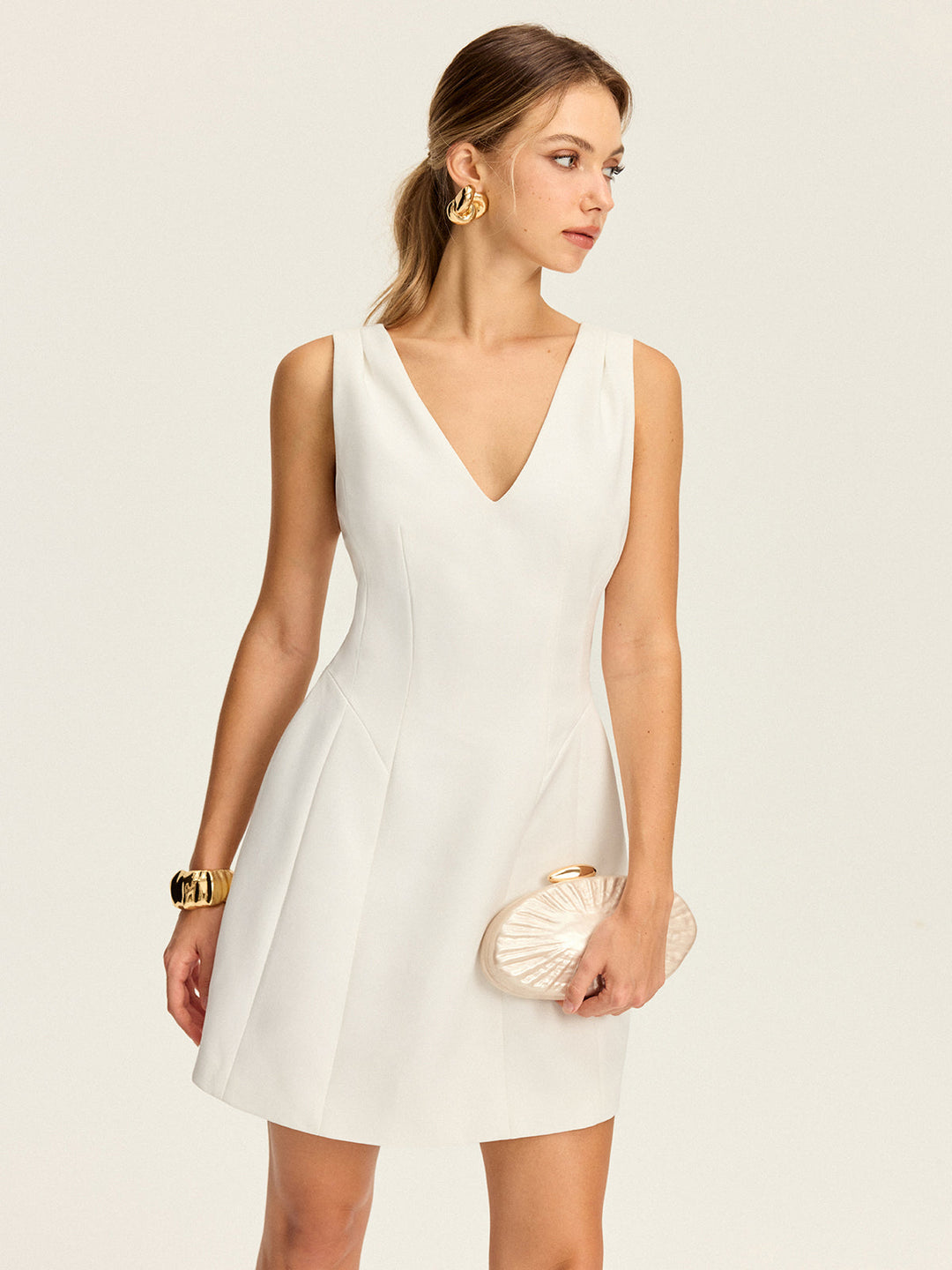 V-Neck Pleated Mini Dress