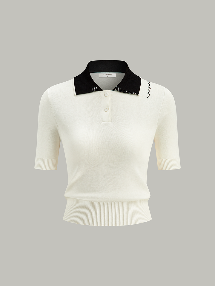 Contrast-Collar Polo Knit Top