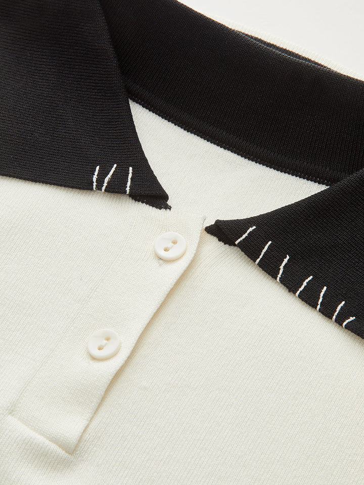Contrast-Collar Polo Knit Top