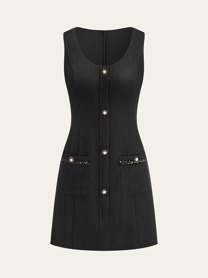 Tweed Sleeveless Button Mini Dress