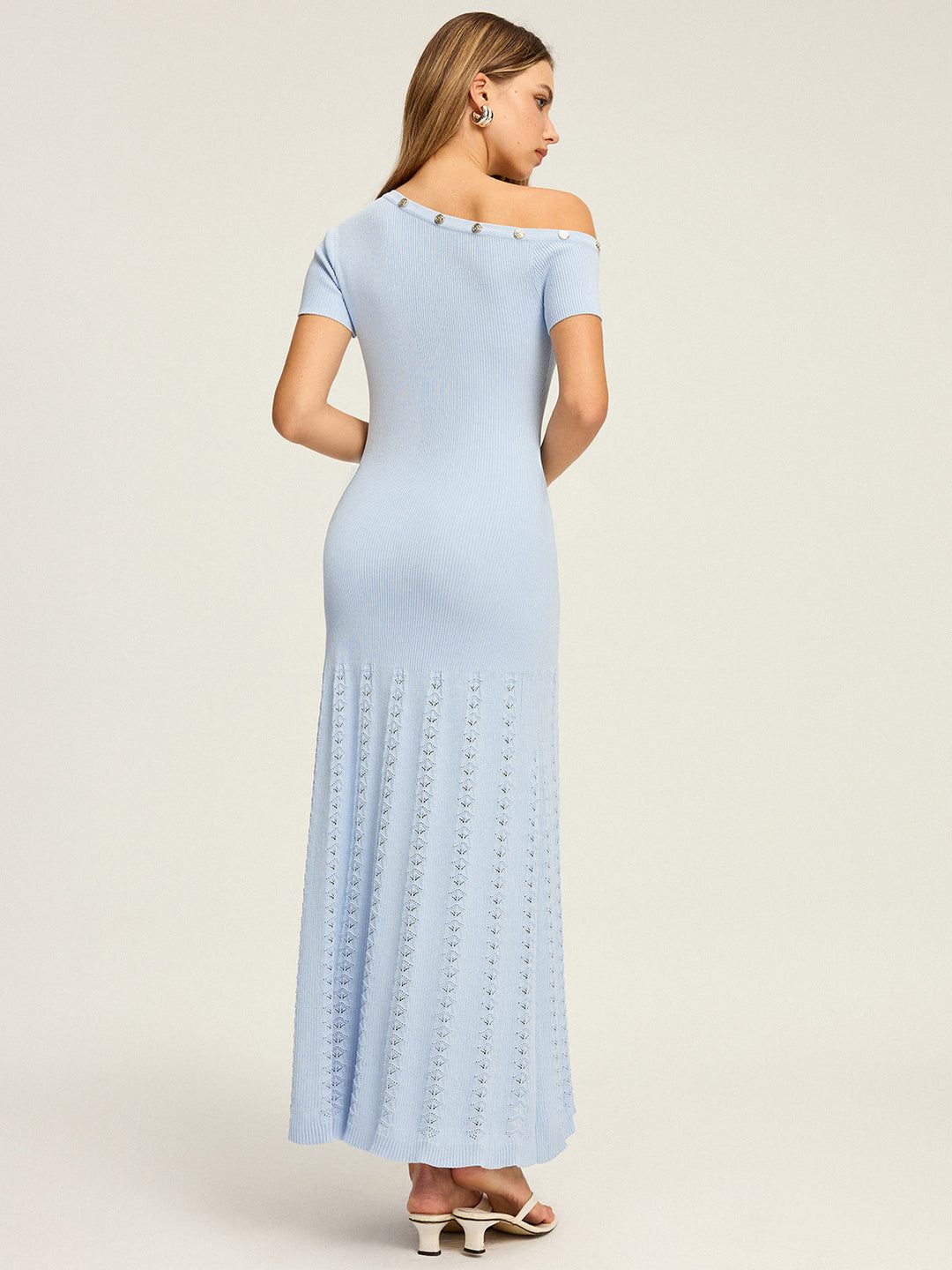 One-Shoulder Button Detail Knit Maxi Dress