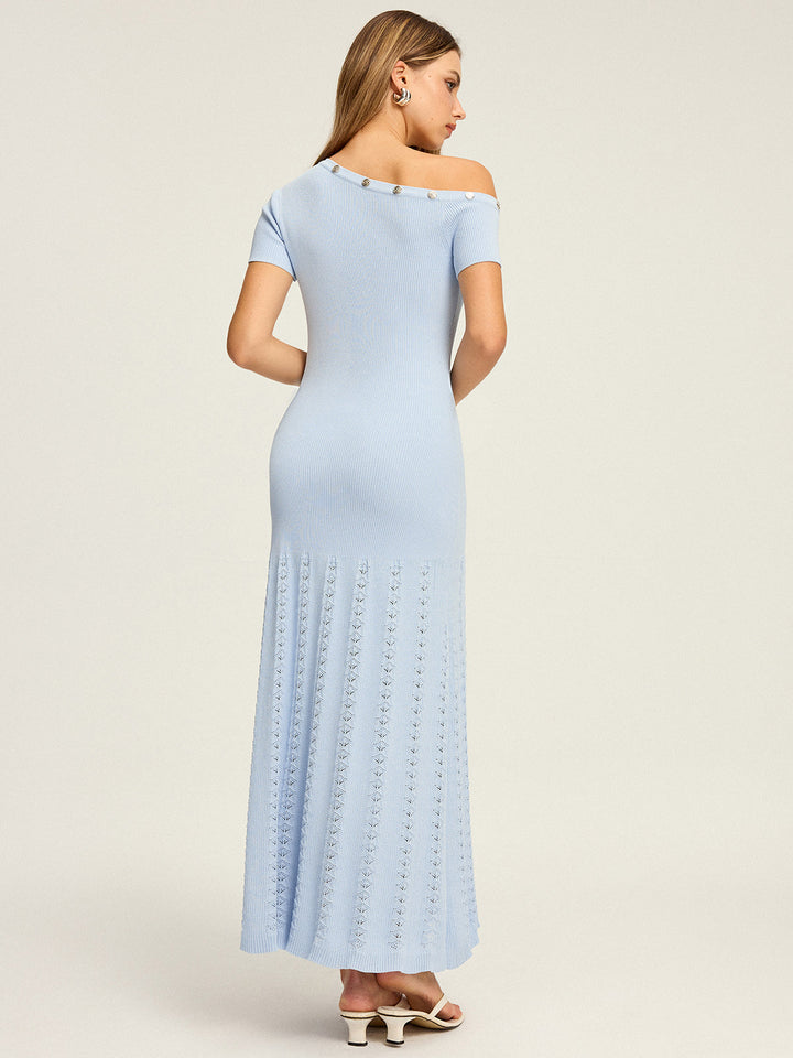 One-Shoulder Button Detail Knit Maxi Dress