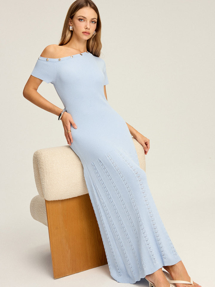 One-Shoulder Button Detail Knit Maxi Dress