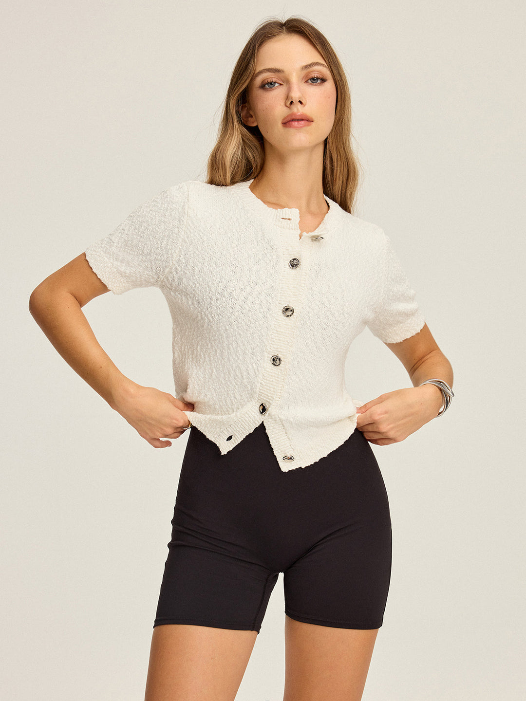 Textured Knit Short-Sleeve Cardigan