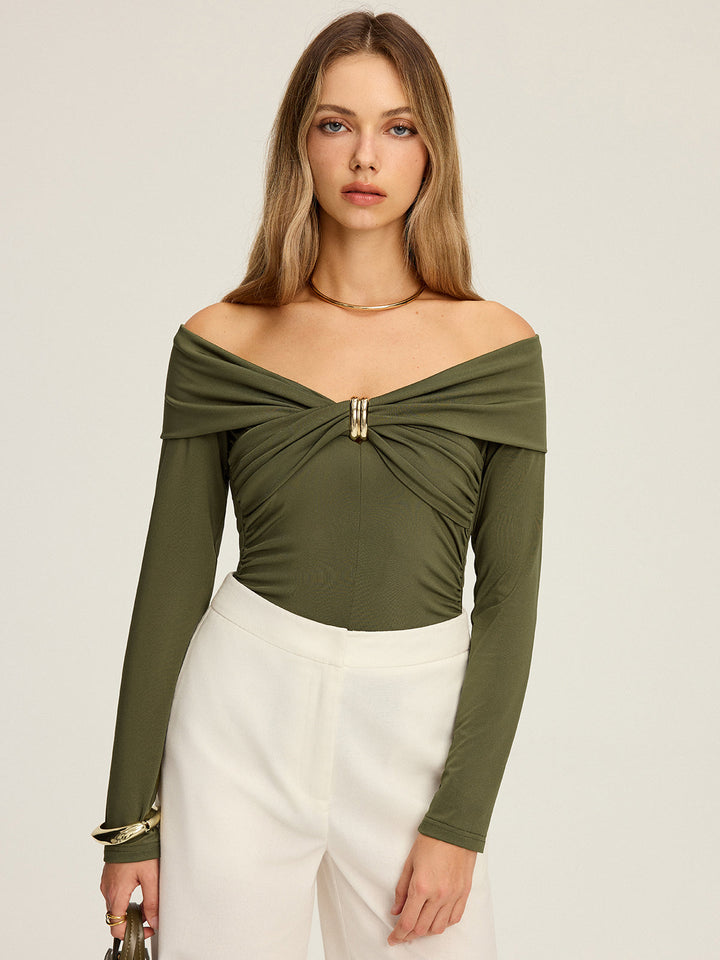 Metal Detail Off-Shoulder Long Sleeve Blouse