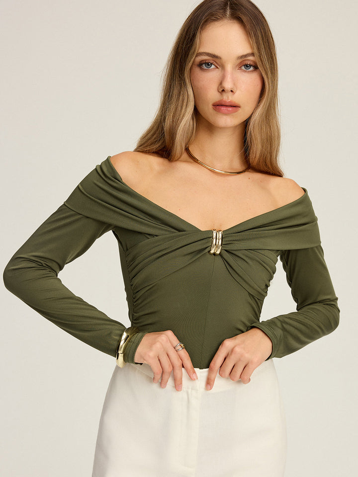 Metal Detail Off-Shoulder Long Sleeve Blouse