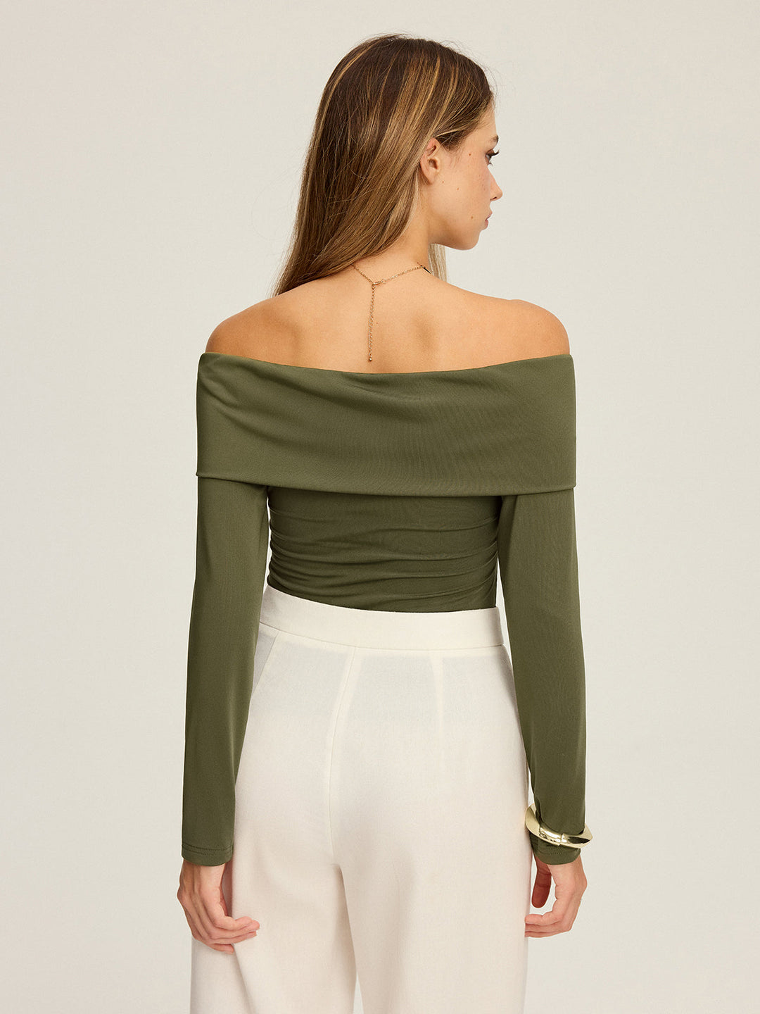 Metal Detail Off-Shoulder Long Sleeve Blouse