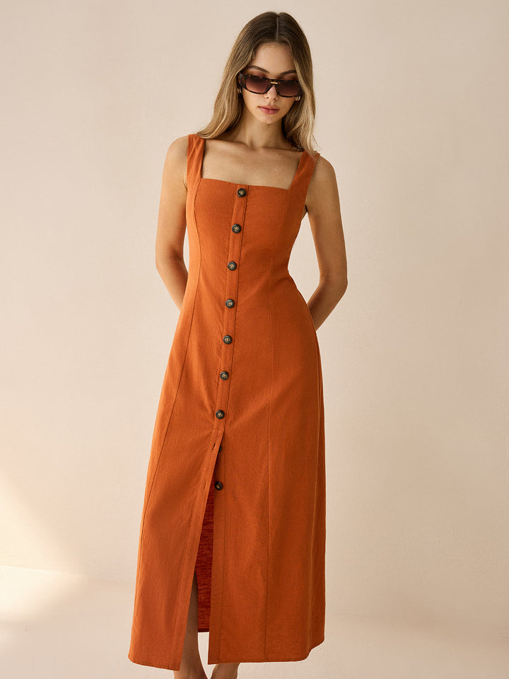 Square-Neck Button-Front Maxi Dress with Slit