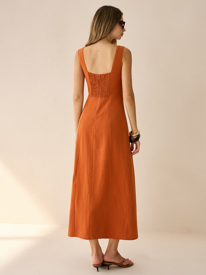Square-Neck Button-Front Maxi Dress with Slit