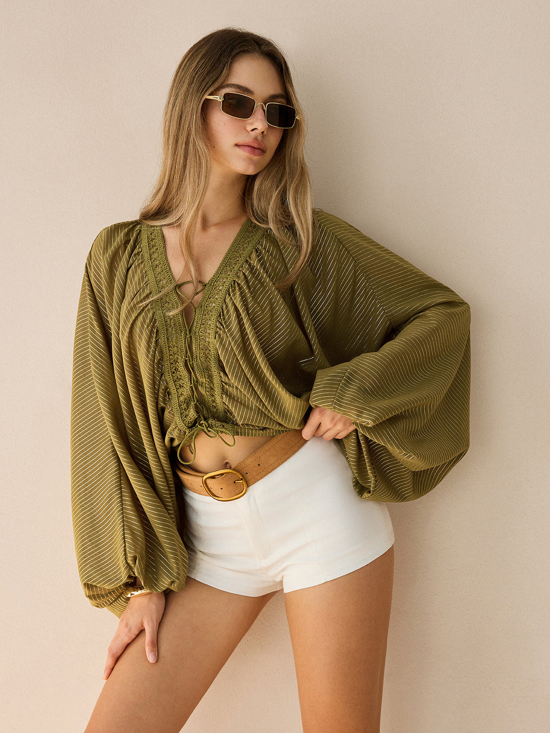 Semi-Sheer Striped Lace-Up Blouse with Batwing Sleeves