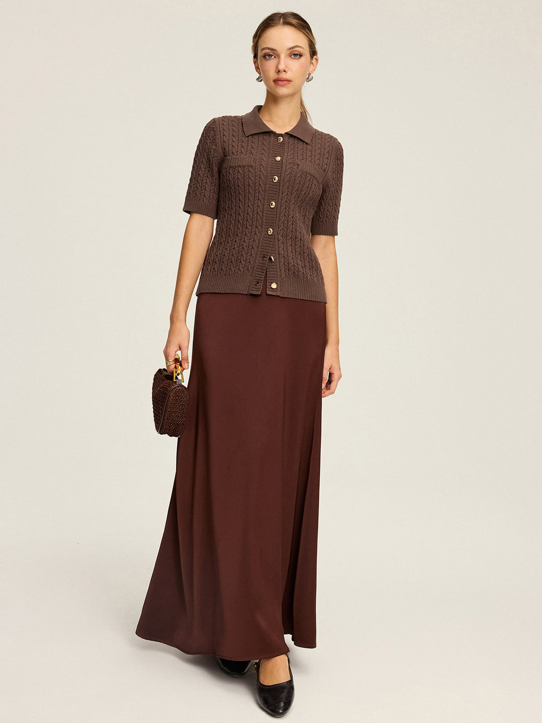 Cable Knit Short-Sleeve Button Top