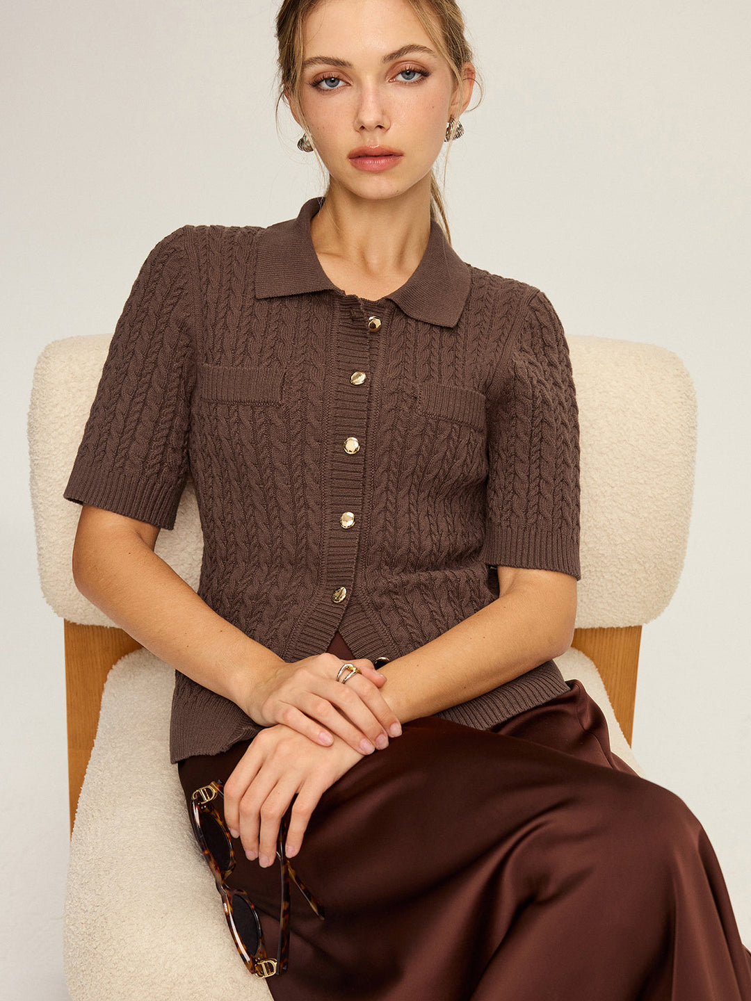 Cable Knit Short-Sleeve Button Top