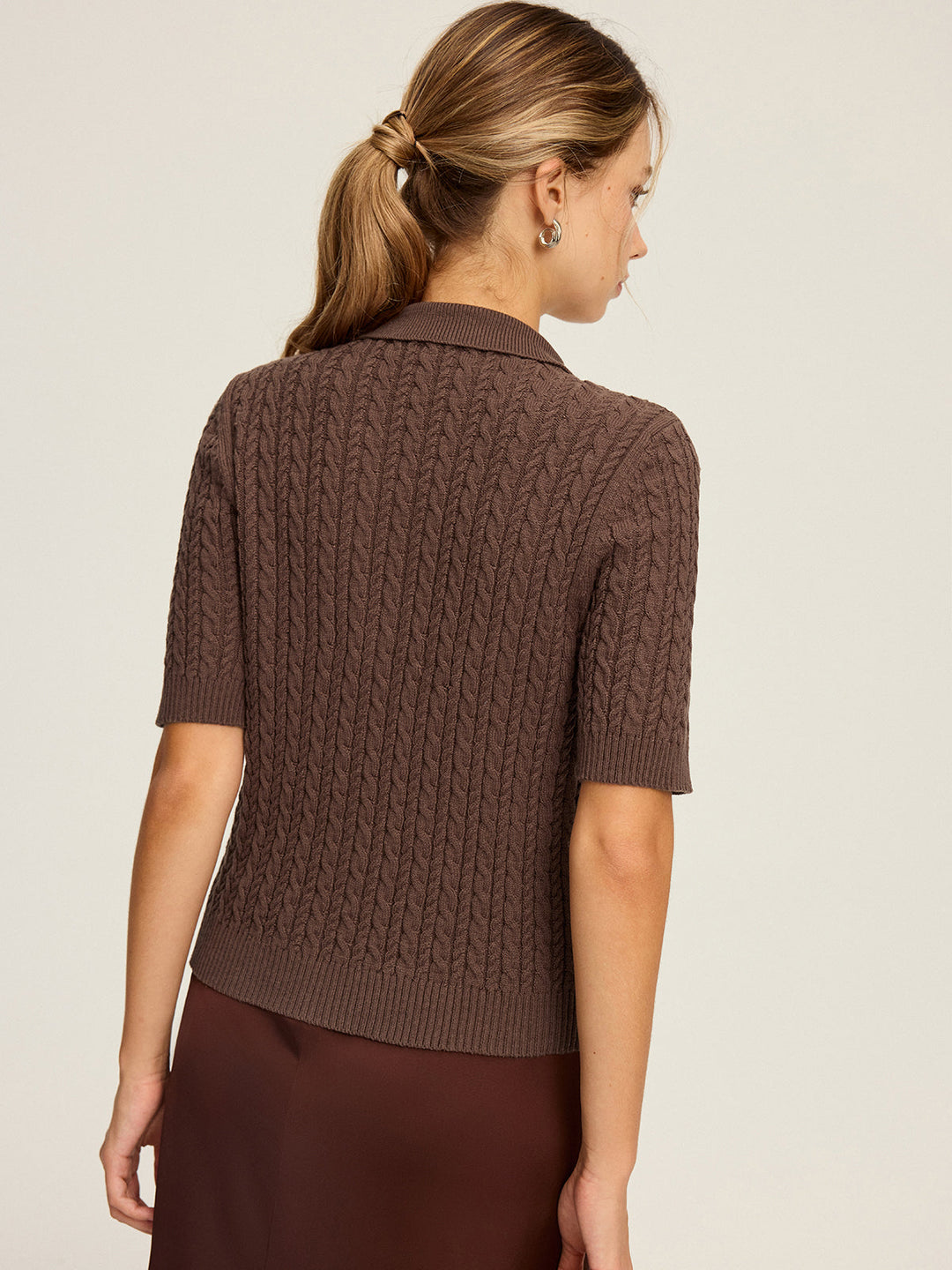 Cable Knit Short-Sleeve Button Top