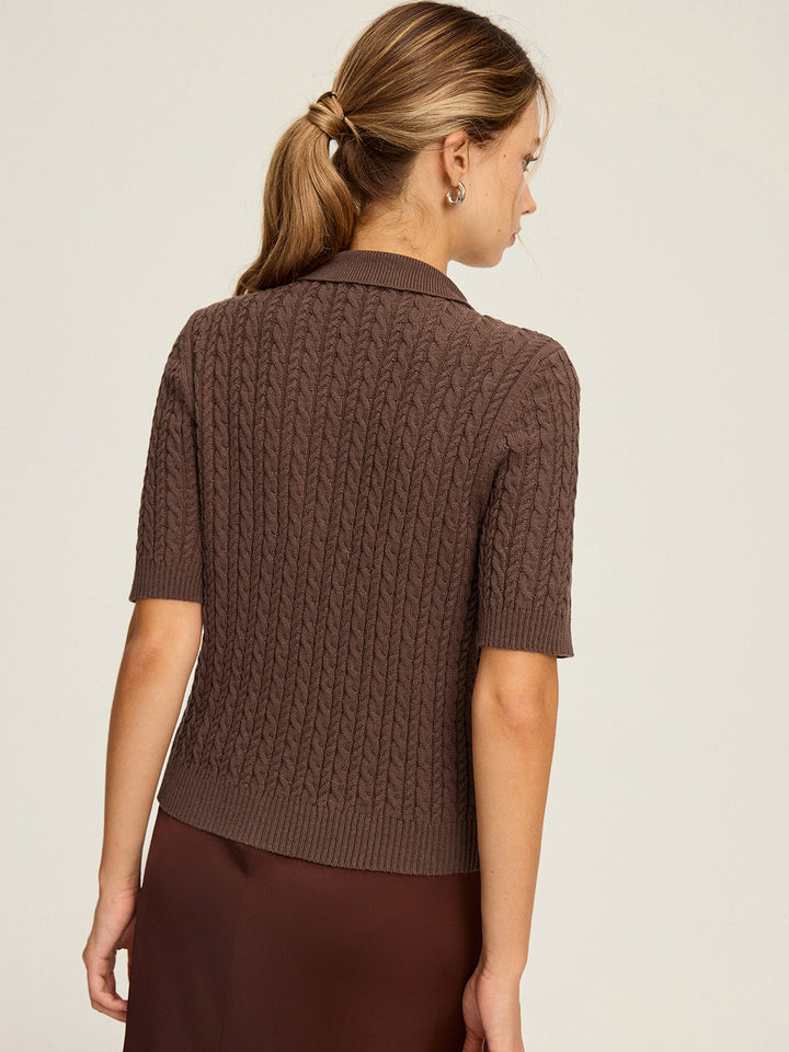 Cable Knit Short-Sleeve Button Top