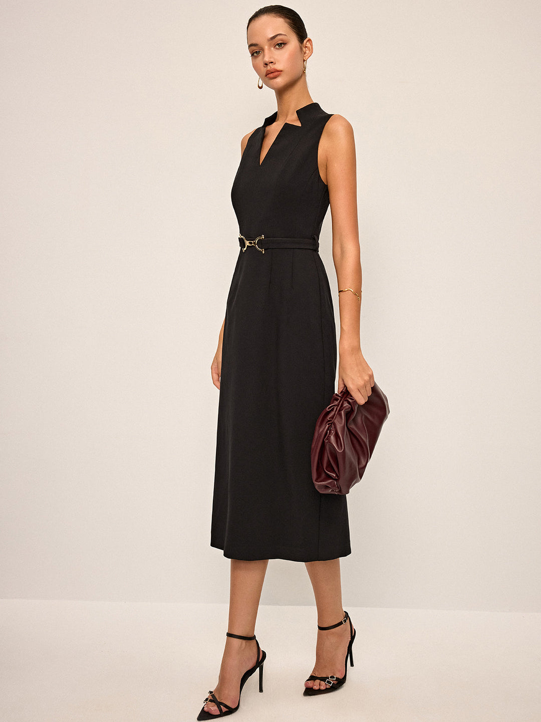 Sleeveless V-Neck Belted Midi Dress