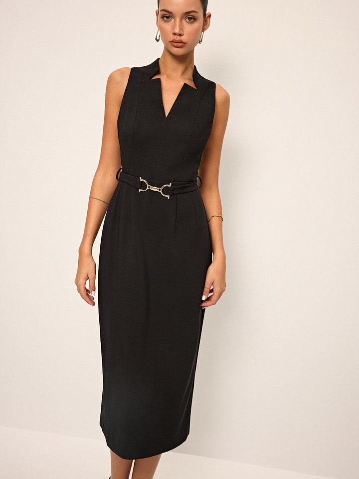 Sleeveless V-Neck Belted Midi Dress