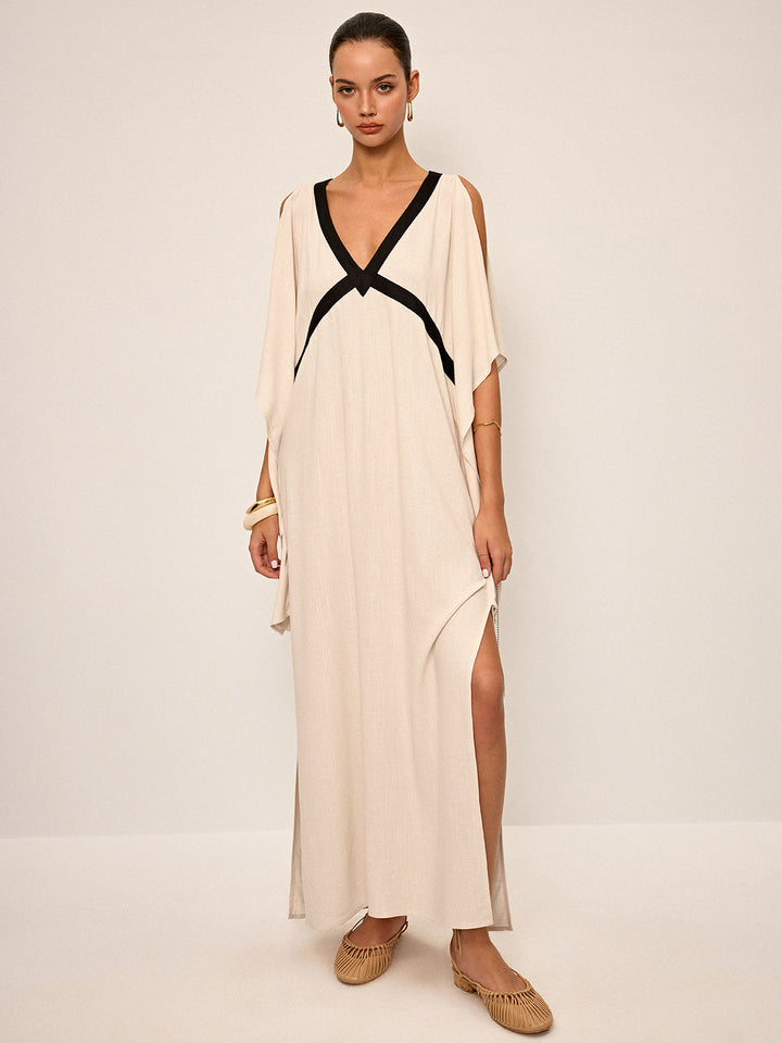 Contrast Trim Maxi Dress with Slit