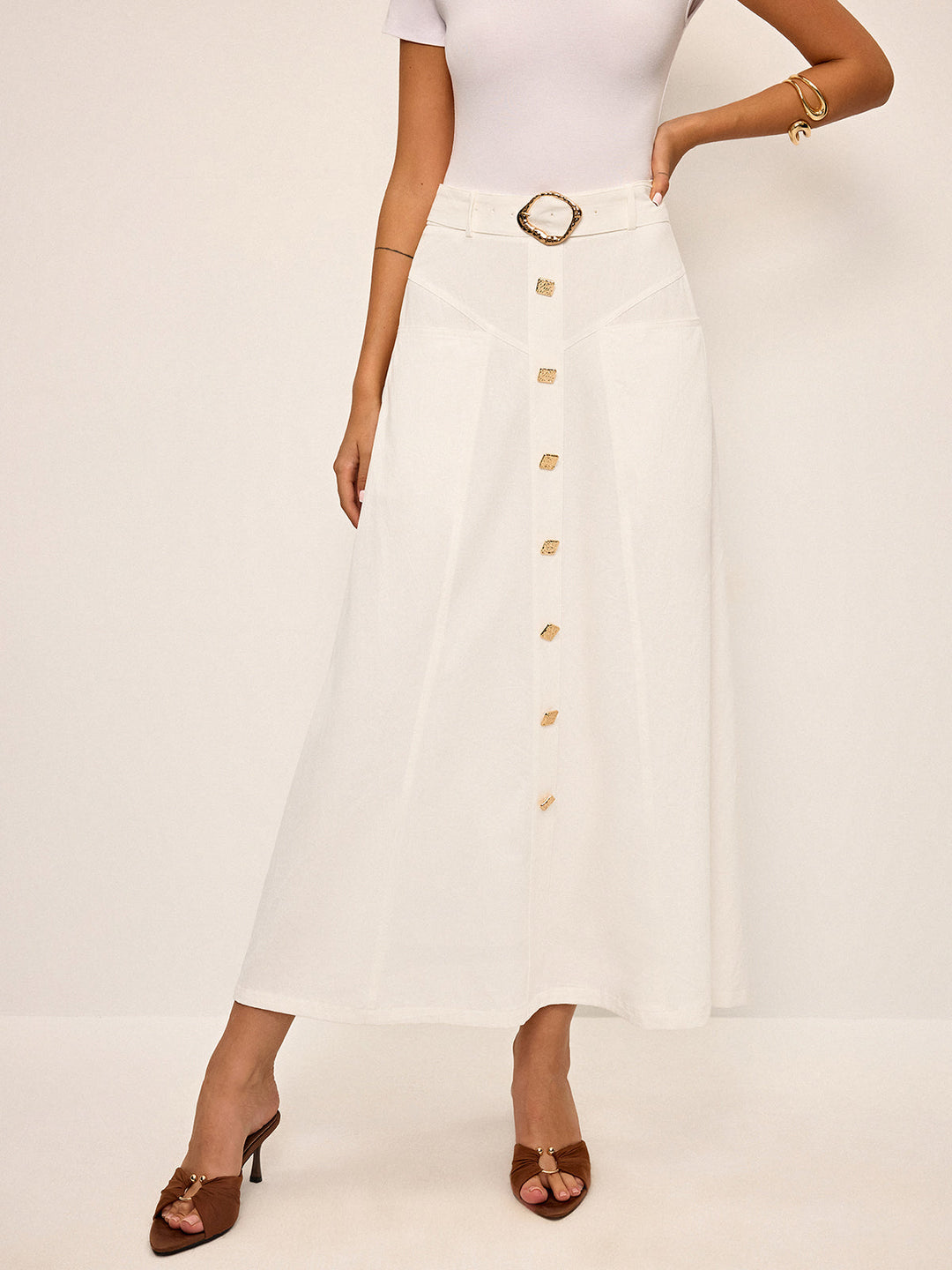 Cotton Button-Front Midi Skirt with Belt