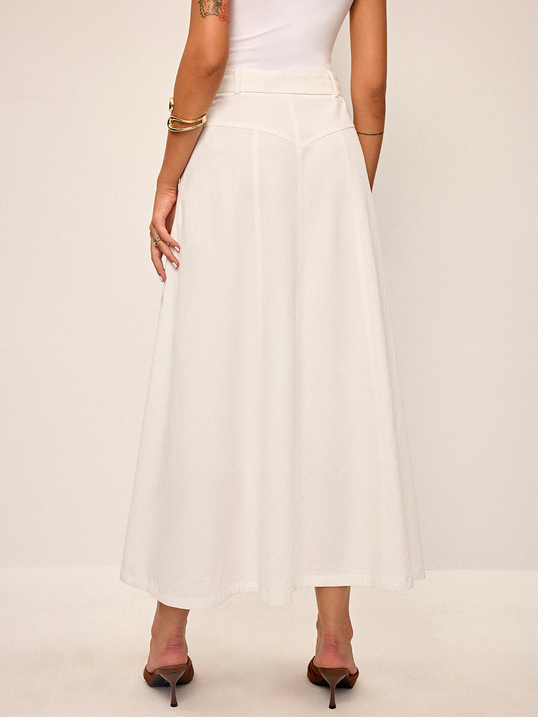 Cotton Button-Front Midi Skirt with Belt