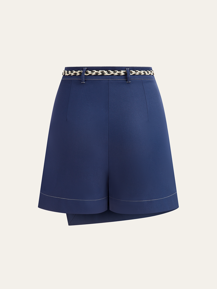 Contrast-Stitch Asymmetric Skort with Belt