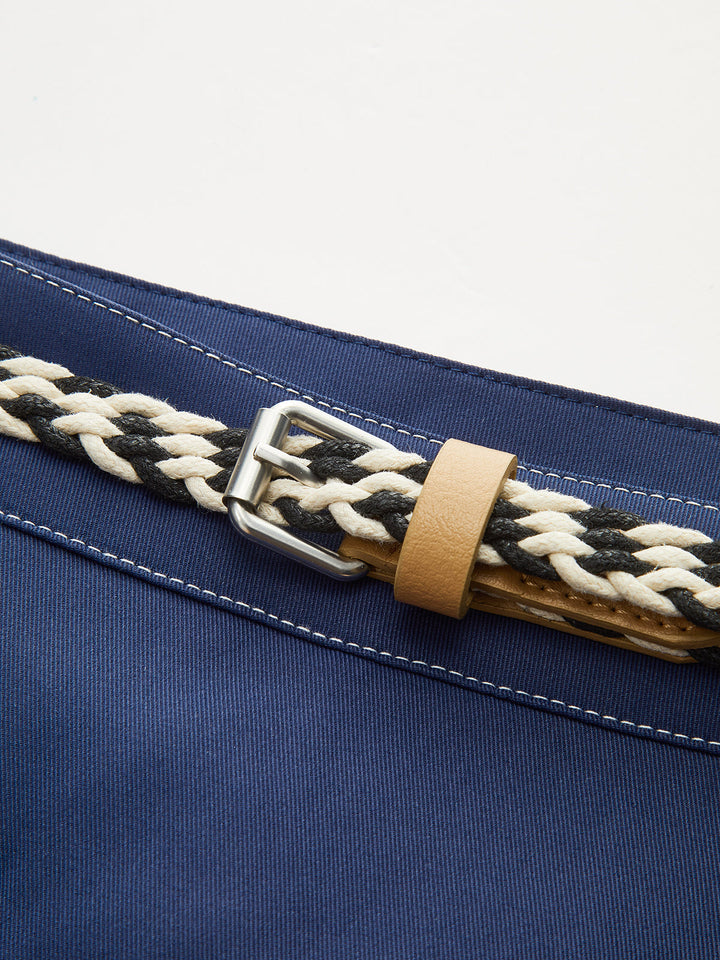 Contrast-Stitch Asymmetric Skort with Belt