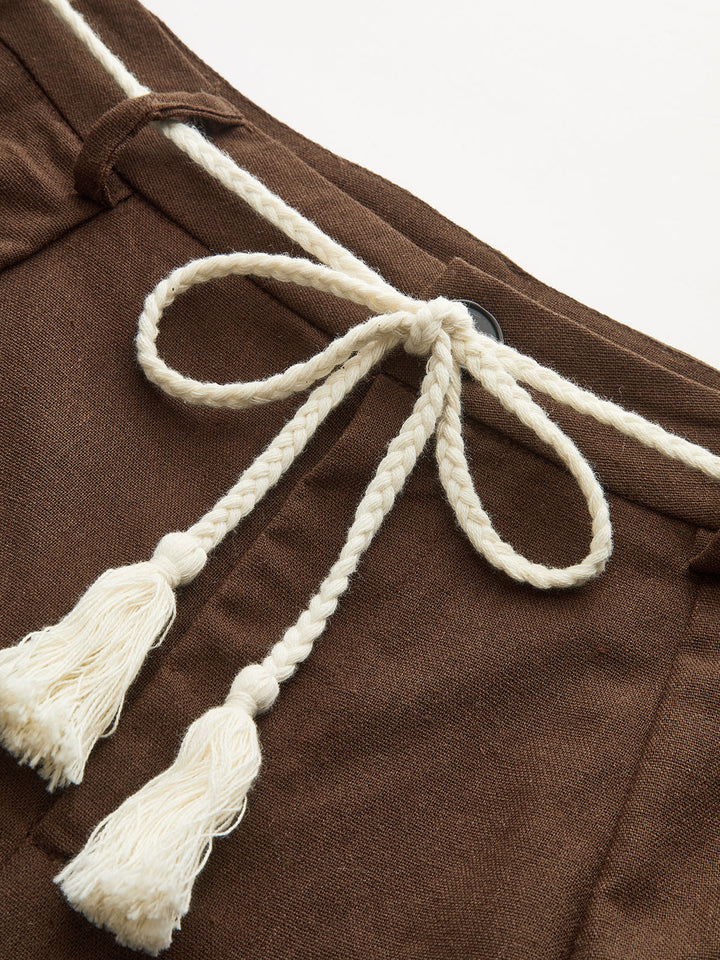 Palm Tree Embroidery Pants with Tassel Tie