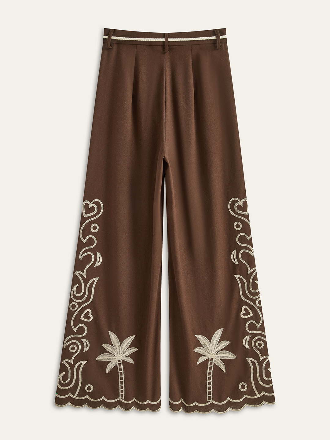 Palm Tree Embroidery Pants with Tassel Tie