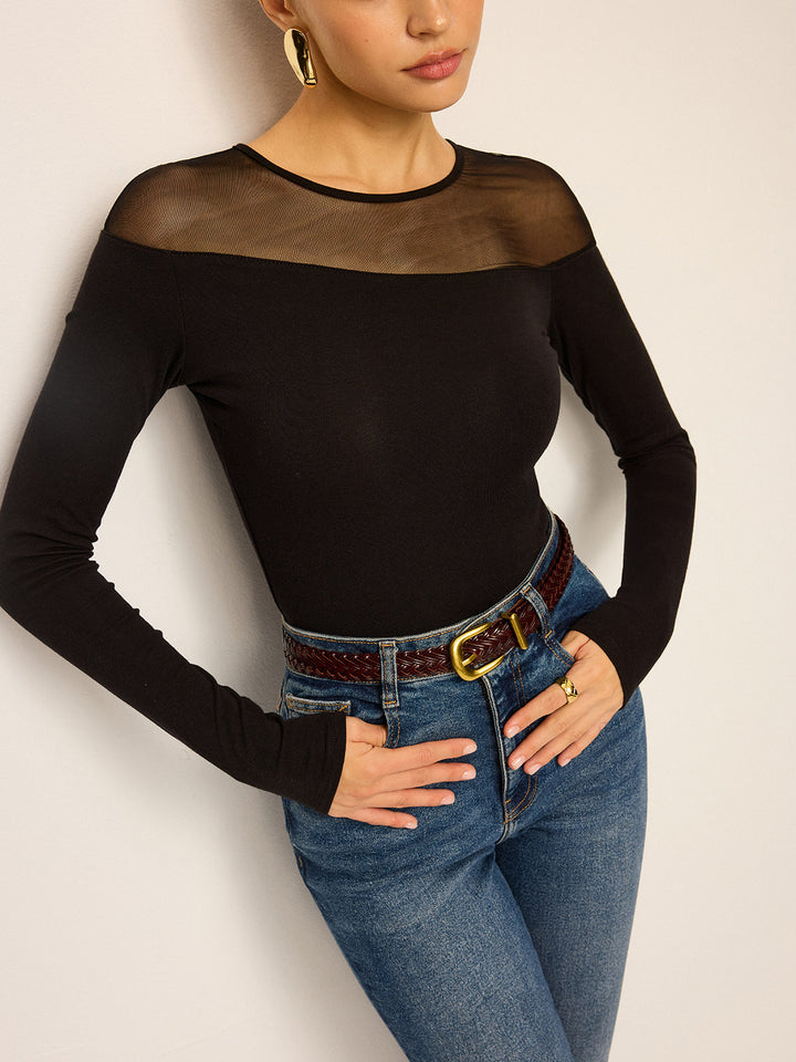 Sheer-Paneled Long-Sleeve Top