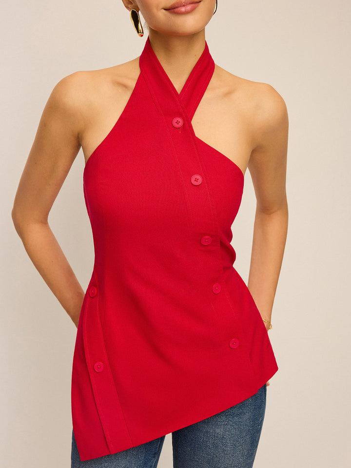 Asymmetric Halter Neck Button Top