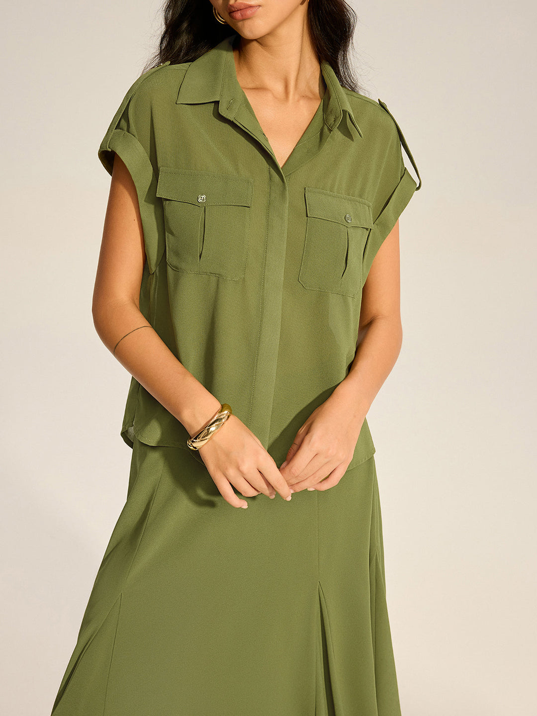 Rolled-Sleeve Pocketed Chiffon Shirt and Midi Skirt Set