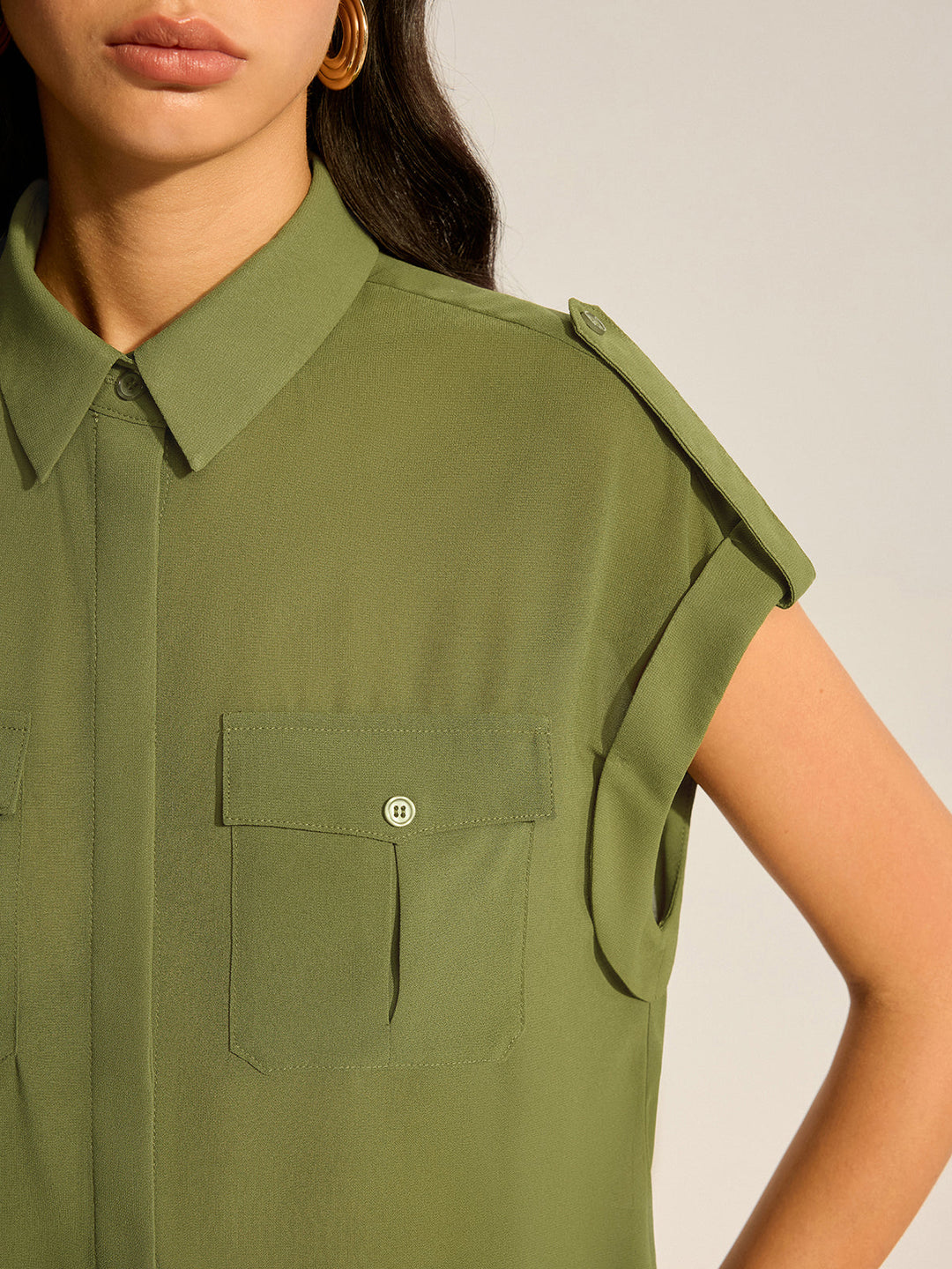 Rolled-Sleeve Pocketed Chiffon Shirt and Midi Skirt Set