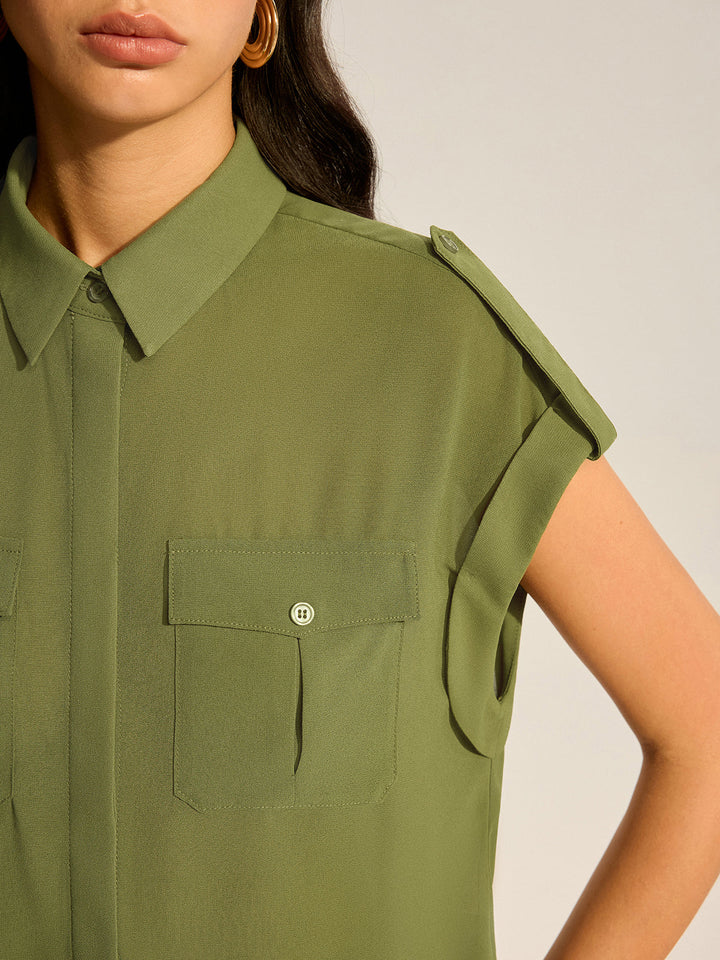 Rolled-Sleeve Pocketed Chiffon Shirt and Midi Skirt Set