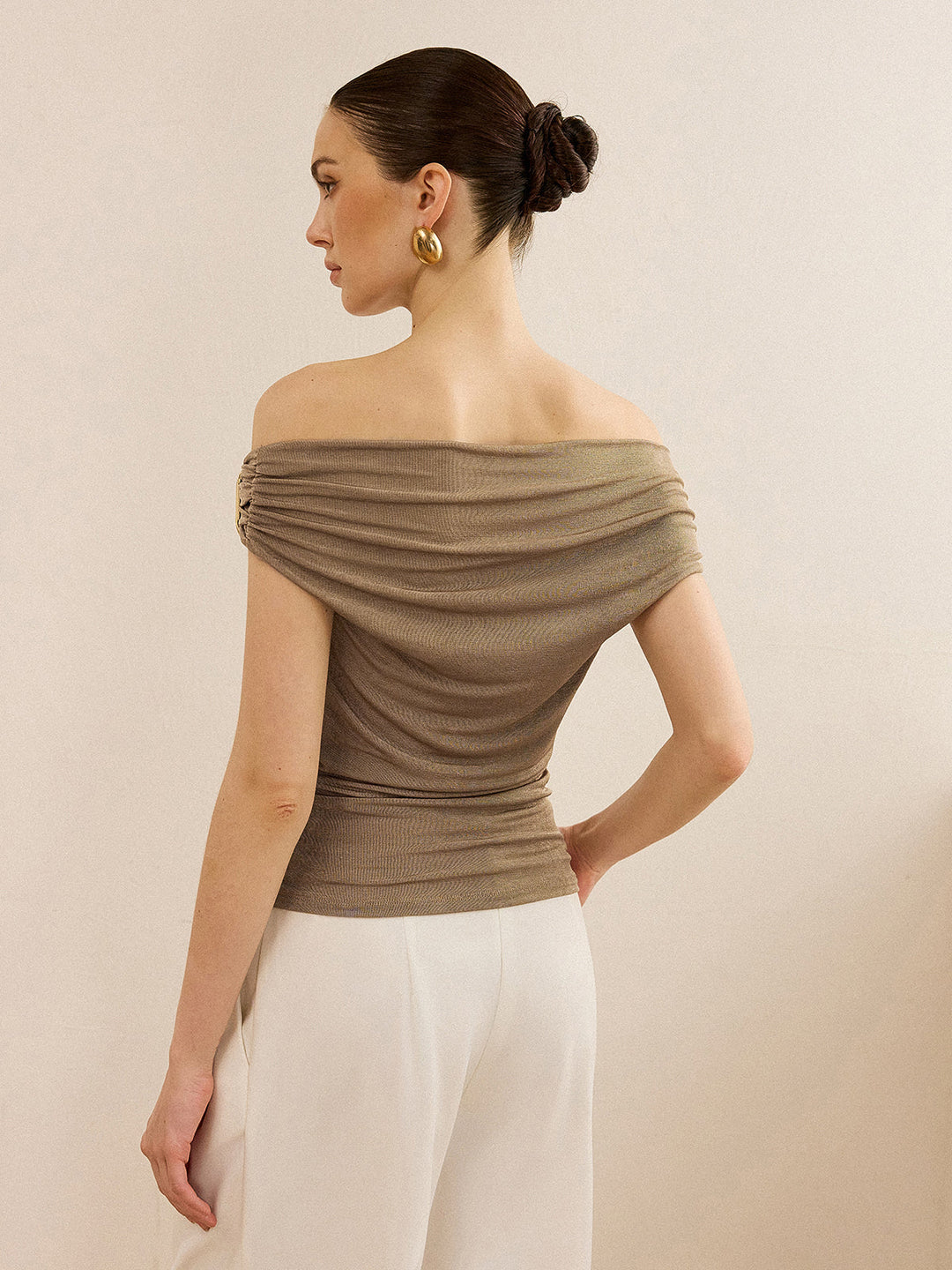 Off-Shoulder Ruched Top with Metal Buckle