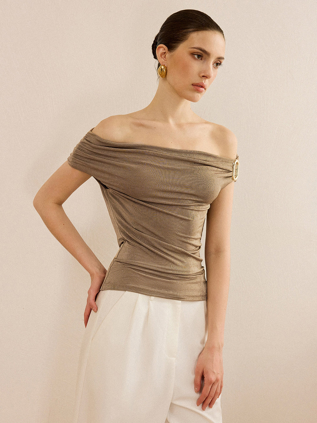 Off-Shoulder Ruched Top with Metal Buckle