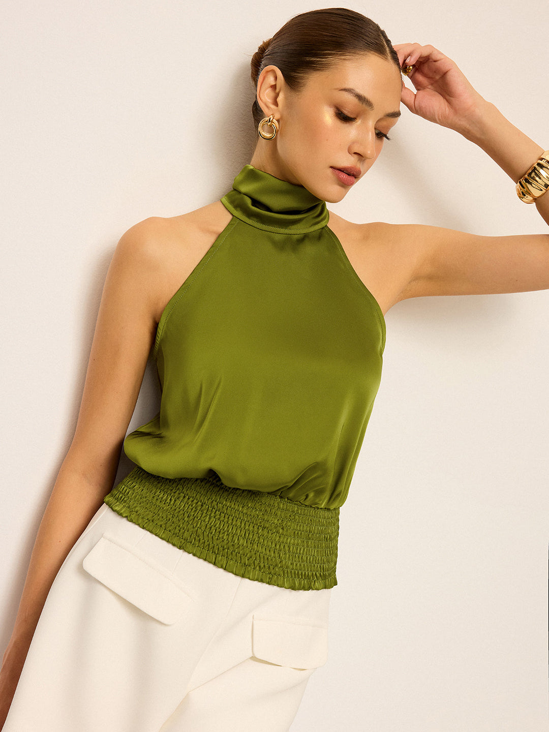 Satin Halter Neck Top with Smocked Waist