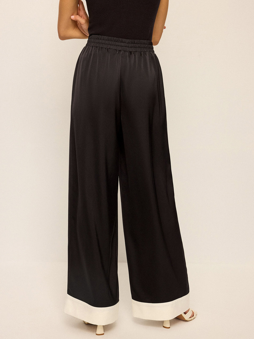 Satin Wide-Leg Pants with Contrast Cuffs