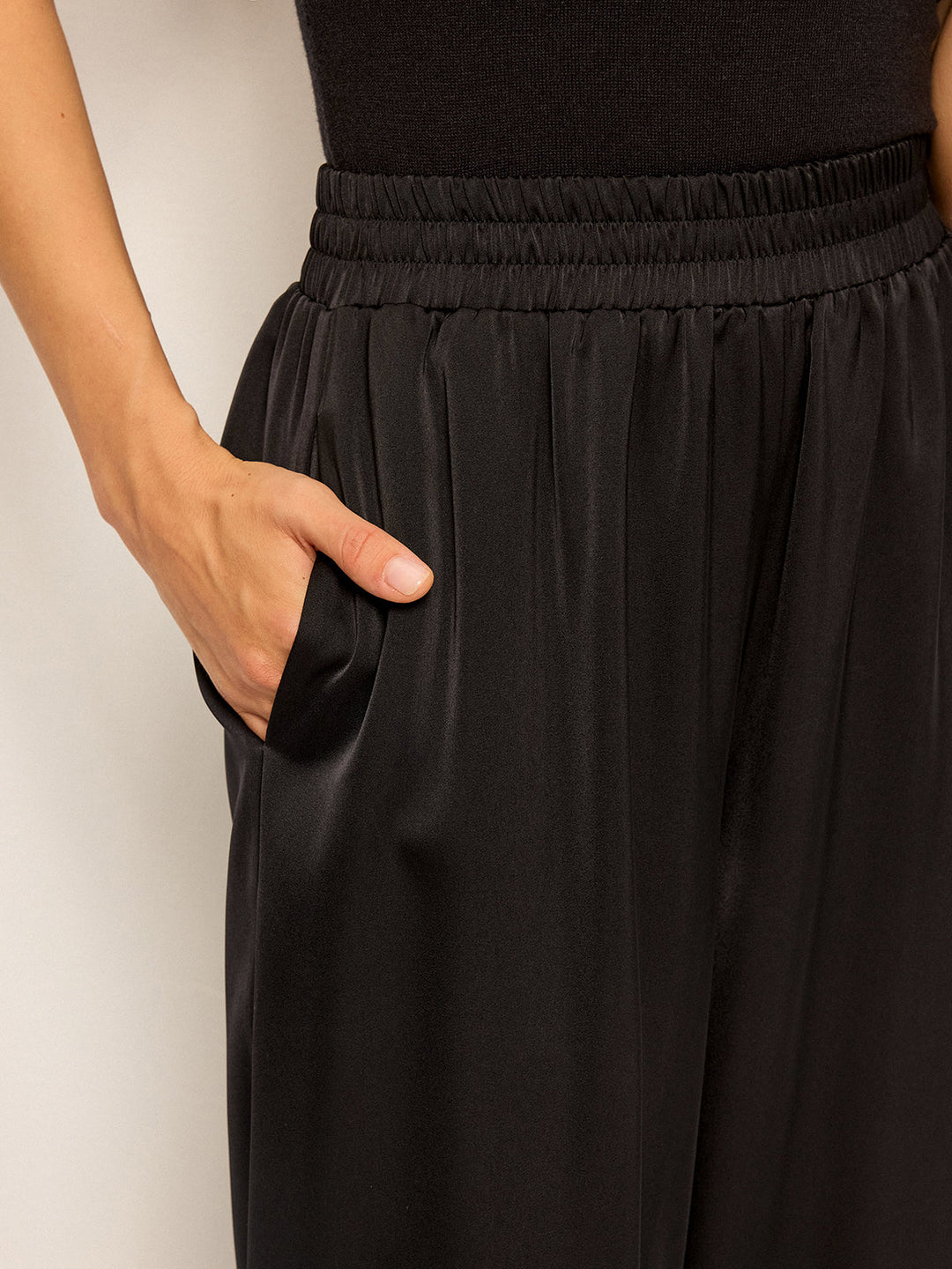 Satin Wide-Leg Pants with Contrast Cuffs