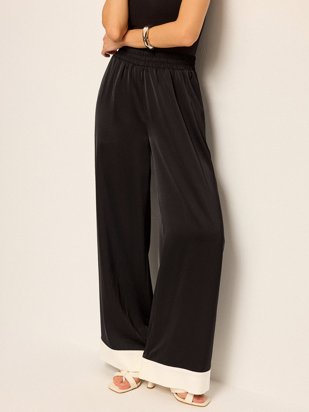 Satin Wide-Leg Pants with Contrast Cuffs
