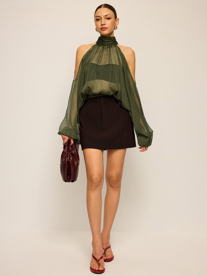 Sheer Halter Neck Cut-Out Sleeve Top with Bow Back