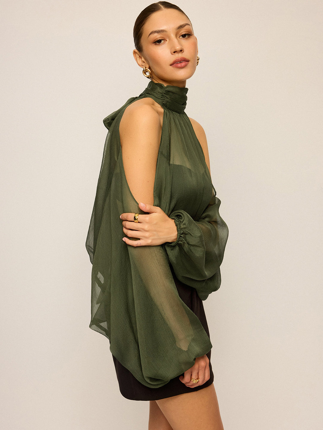 Sheer Halter Neck Cut-Out Sleeve Top with Bow Back