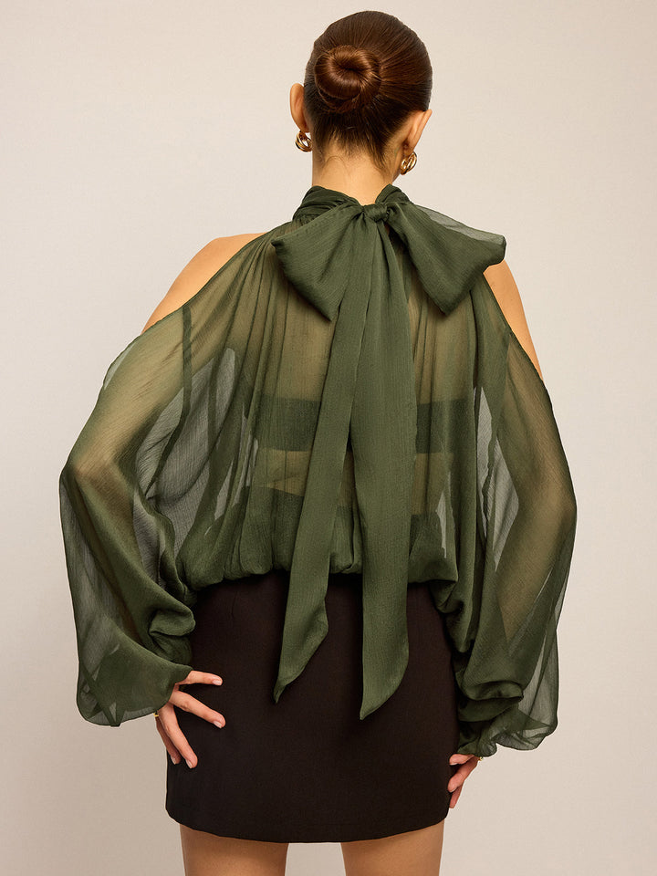 Sheer Halter Neck Cut-Out Sleeve Top with Bow Back