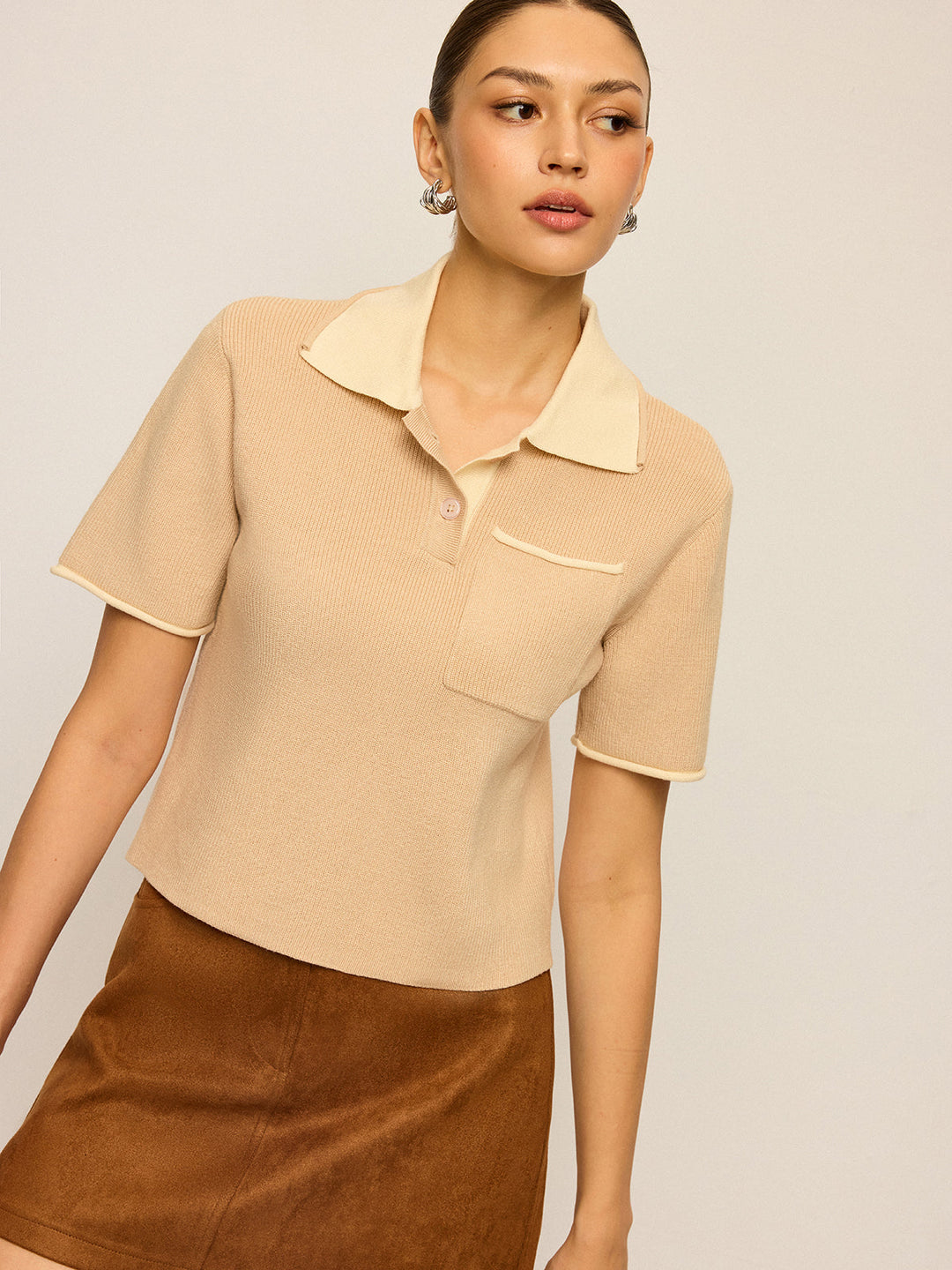 Contrast Collar Knit Polo Top