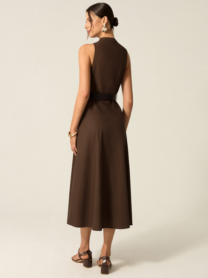 Belted Button-Front Midi Dress