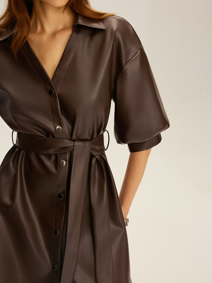 Faux Leather V-Neck Belted Mini Dress
